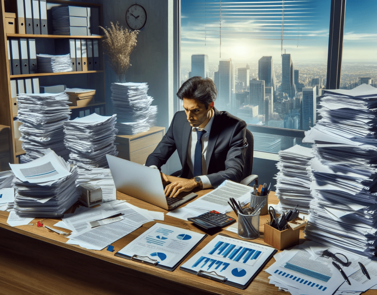 DALL·E 2024-01-18 10.28.12 - The image should be in a photographic style, depicting a single business leader at their desk, which is cluttered with papers, illustrating the theme